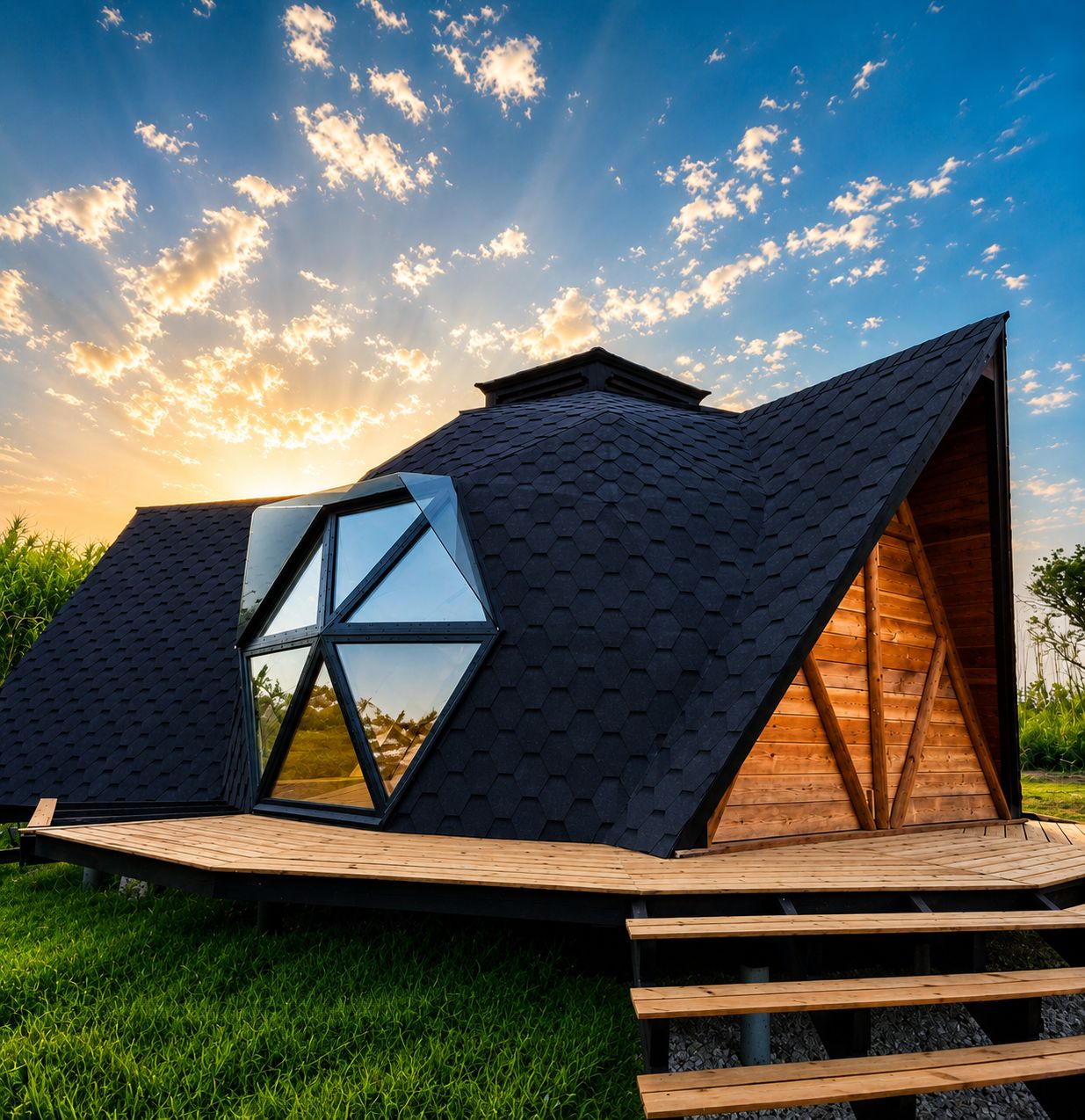 Interior escultural de uma casa eco-luxo com vista para a natureza